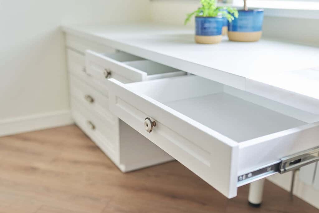Furniture, white table, open top secretaire drawer.